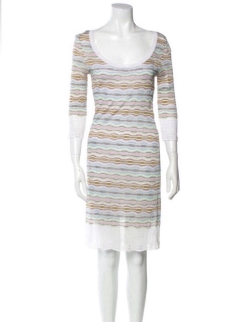 Missoni Knit Summer midi Dress Sz 6/M White Blue Scoop Neck long Sleeve